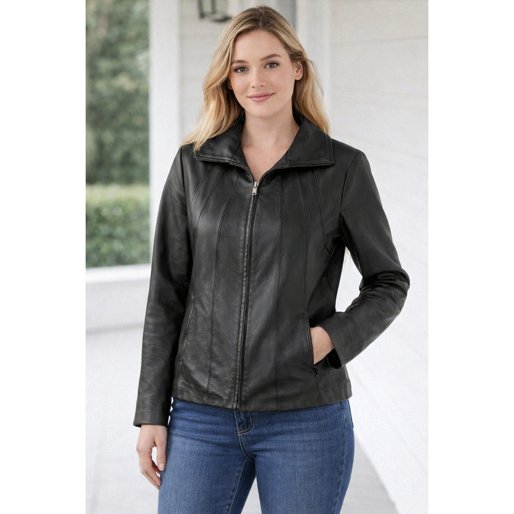 East 5th Leather Jacket Womens‎ Large Black Full Zip Collared Seamed Genuine